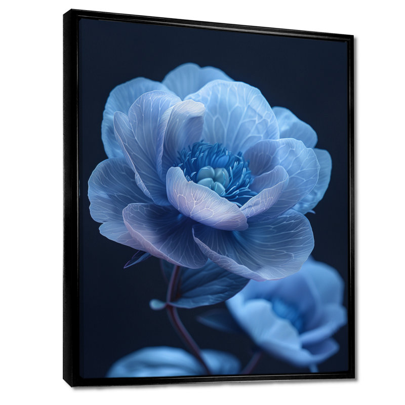 Bleu, noir, pivoines, nocturne, Nirvana I - pivoines, art mural, salon, H 12 po x l 20 po, Cadre noir