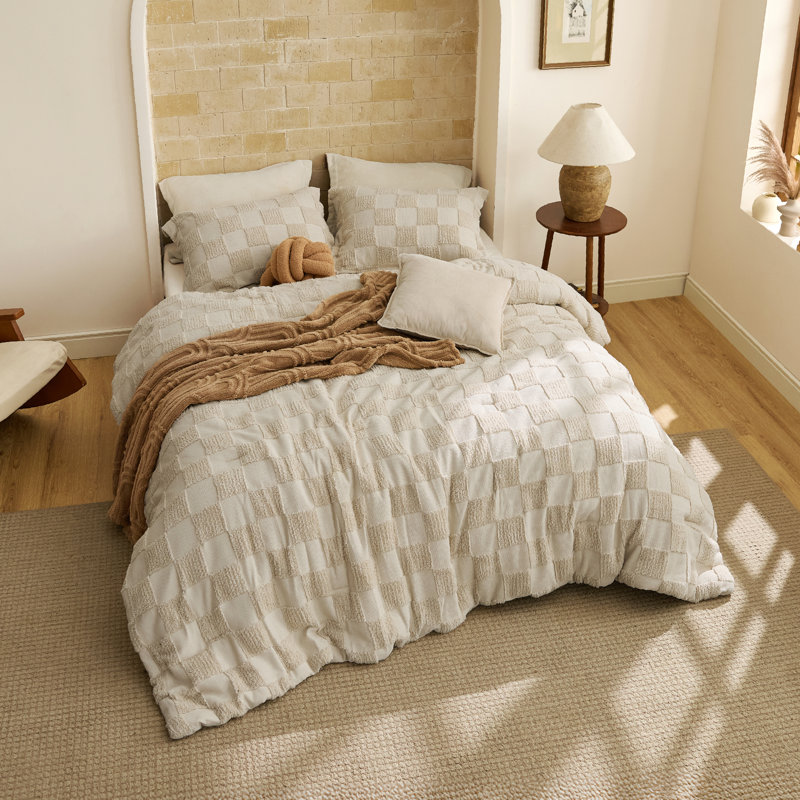 Ensemble d'édredon pour lit ferme à carreaux touffeté Boho, 230GSM, Beige, Édredon très grand lit californien + 2 taies dé