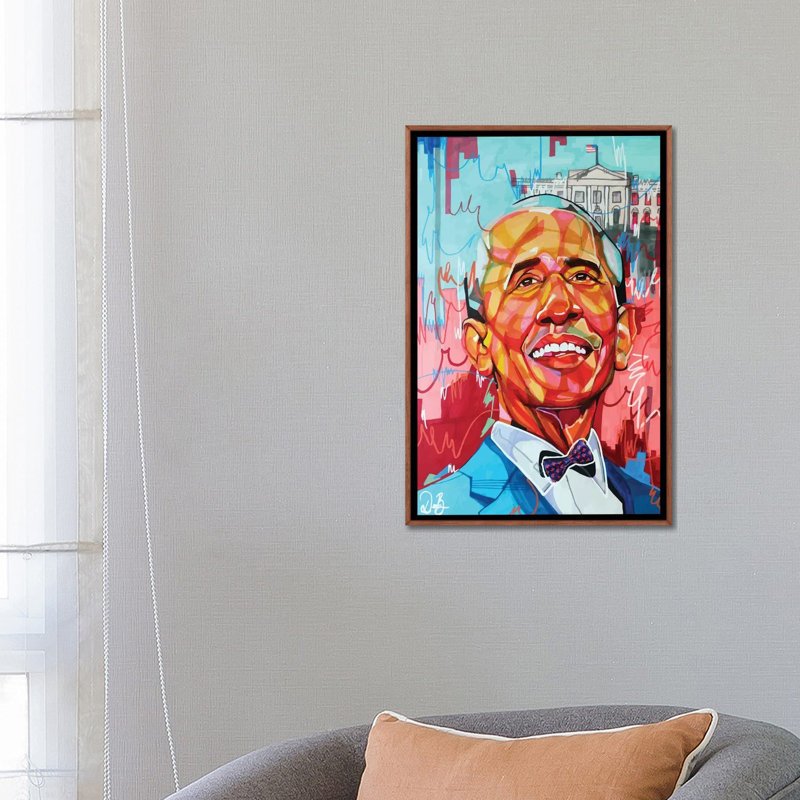 Barack Obama - impression d'art graphique, Toile avec cadre en bois brun classique, Pas de tapis, H 26 po x l 18 po x 1,5 po
