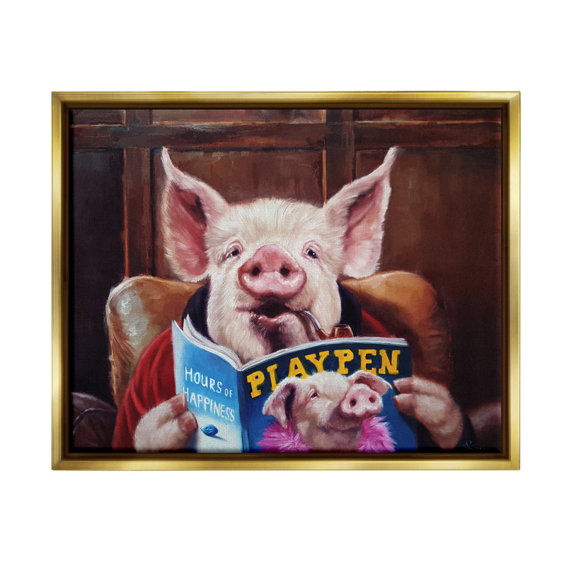 Drôle de cochon «Man Cave» - Peinture, H 25 po x l 31 po x P 1,7 po, Cadre flottant métallique doré