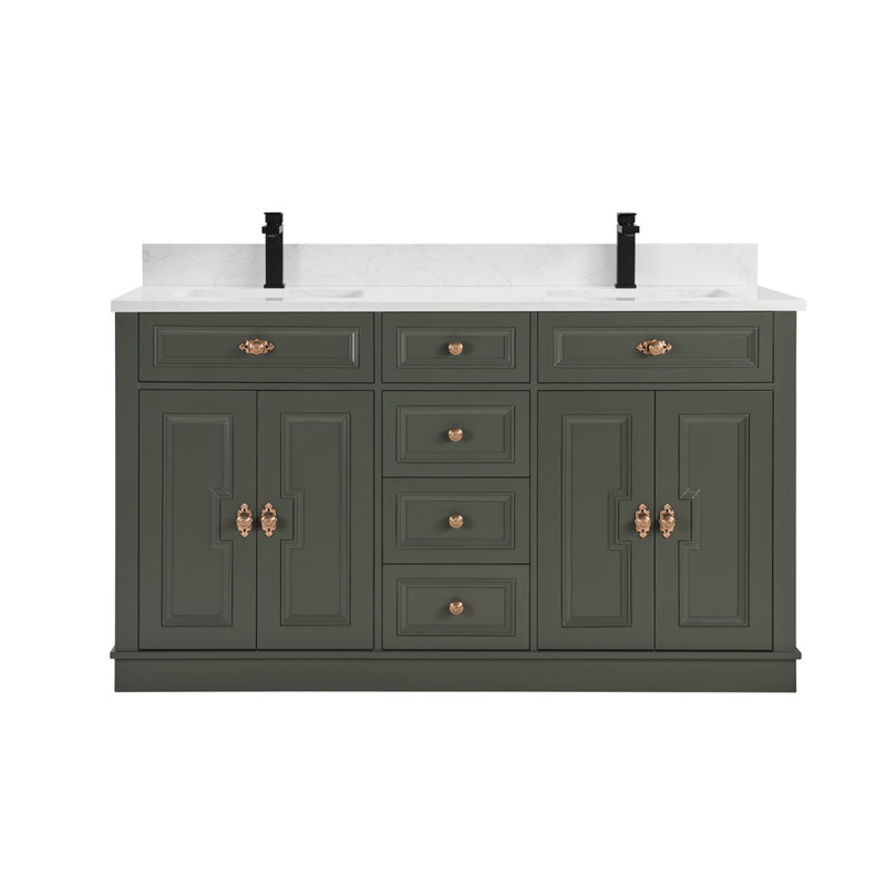  60" Solid Wood Double Bathroom Vanity with 1" Engineered Marble Top, Pewter Green, Rose Gold