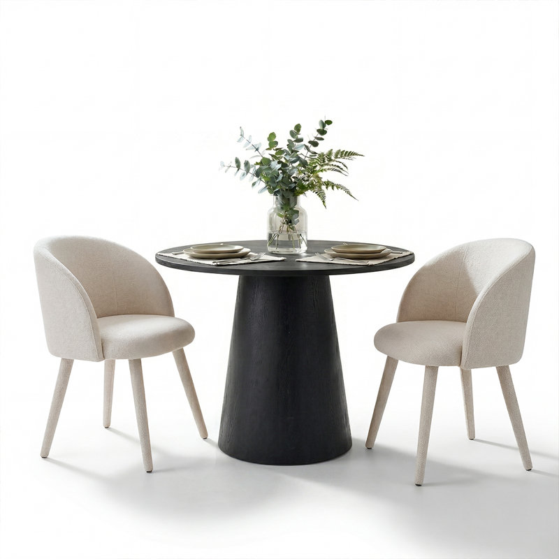 35" Modern Round Pedestal Dining Table Set With 2 Upholstered Arm Dining Chairs, White
