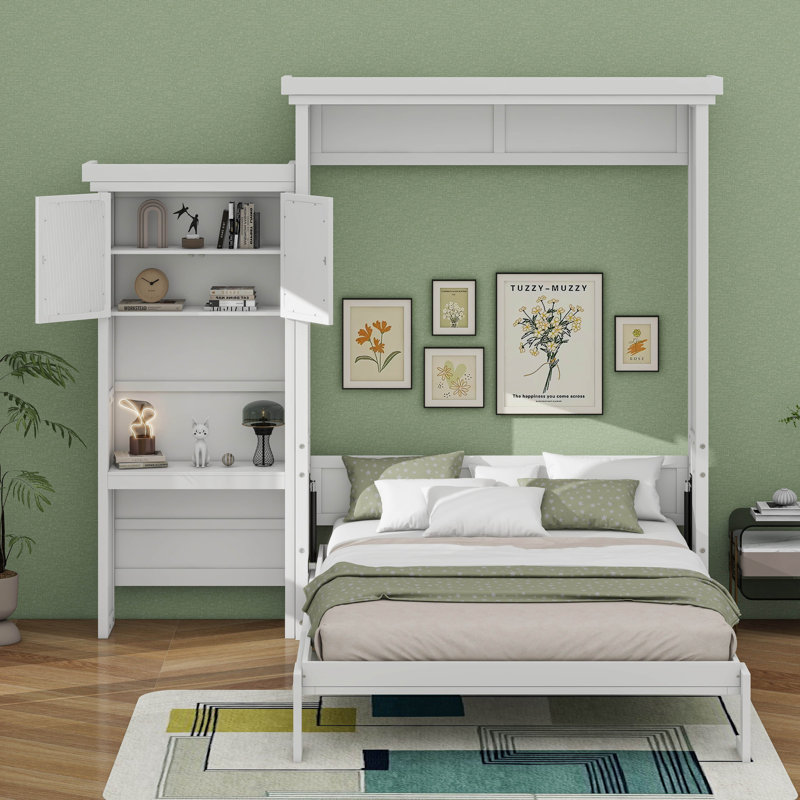Grand lit escamotable avec plusieurs tablettes de rangement et décoration à persiennes, Blanc