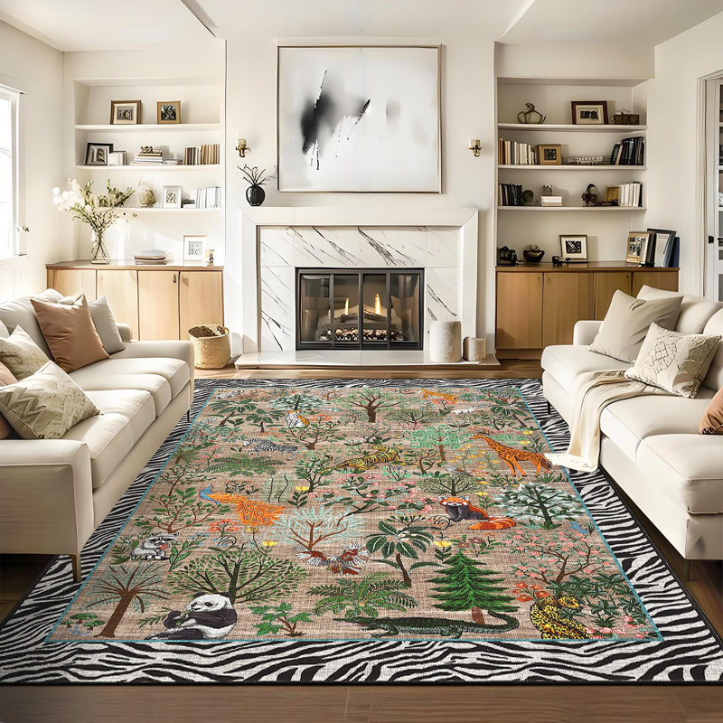 Jungle Rug Washable Animal Living Room Carpet, Non-Slip Non-Shedding Modern Floor Mats, Foldable Low Pile Accent Indoor Rug for Bedroom, Kitchen, Office