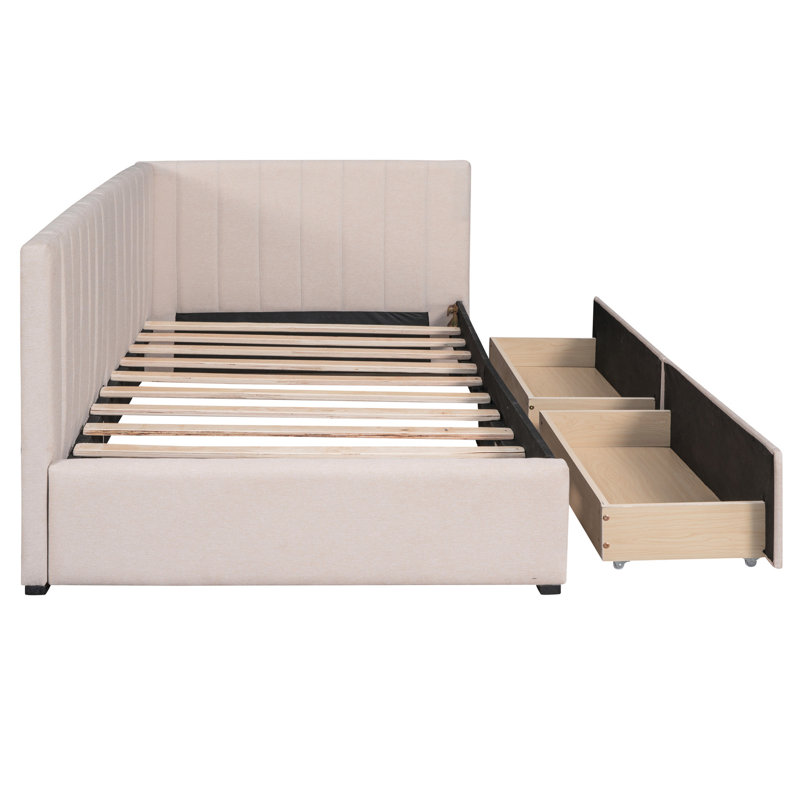 Structure de lit simple avec housse rembourrée et 2 tiroirs de rangement beiges - sans sommier, tiroirs de lit de jour pratiques et élégants pour la chambre à coucher, lin, ressort requis, créer un confort