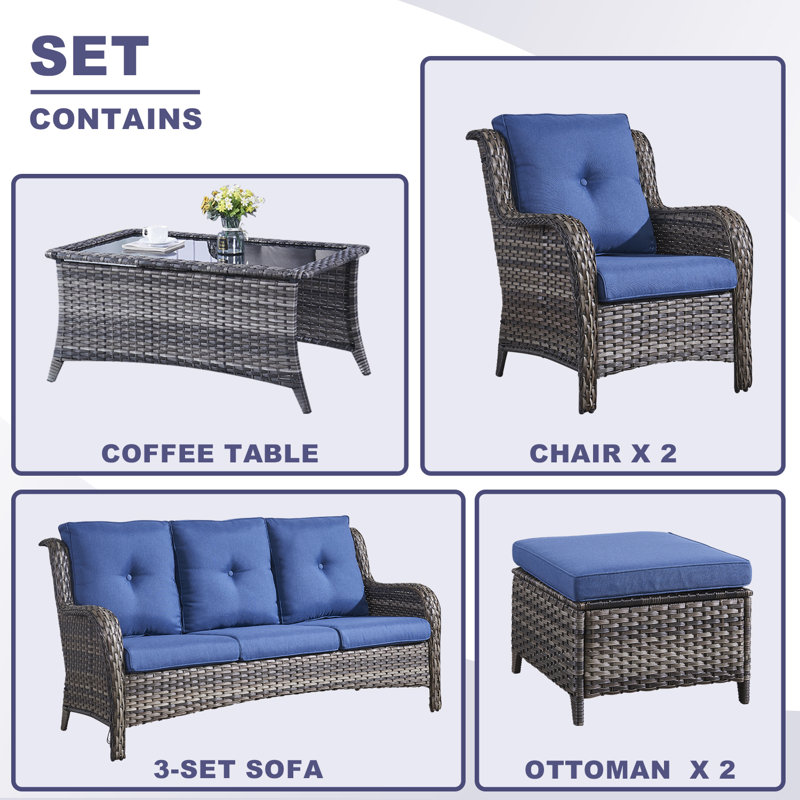 Bonia Wicker 5 - Person Patio Conversation Set with Cushions, Gray Frame/Blue Cushion