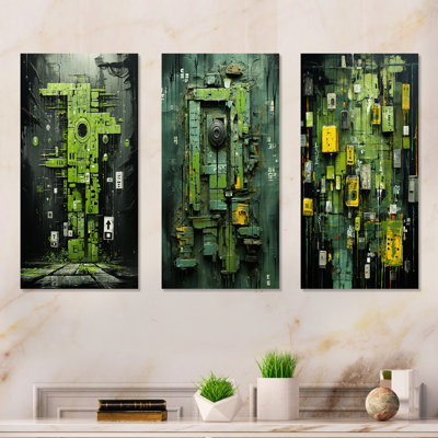 «Green Maya Shapes Mask I» - Ensemble de 3 reproductions d'art abstrait en métal