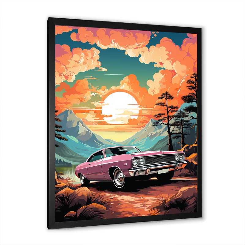 «Pink Classic Muscle Car At Sunset», Cadre simple noir, H 32 po x l 24 po x P 1 po