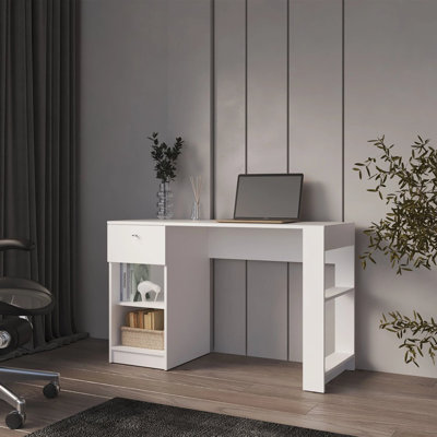 Bureau d'ordinateur blanc avec tiroir et rangement ouvert blanc