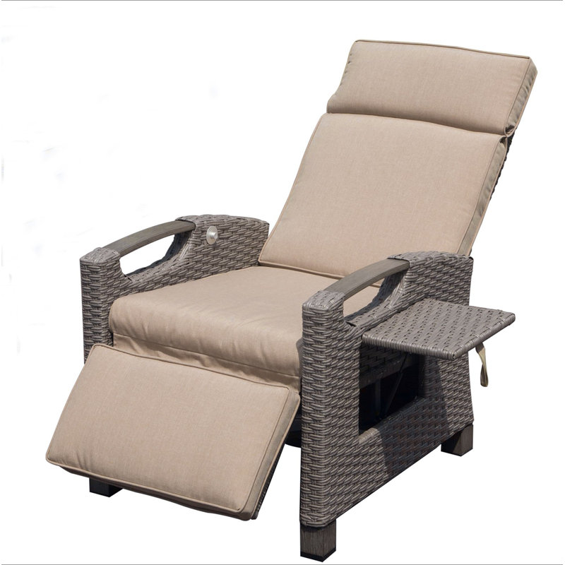 Outdoor Recliner Chair, Patio Recliner With Hand-Woven Wicker, Flip Table Push Back, Adjustable Angle, Thickness Cushions, Reclining Lounge Chair For Indoor And Outdoor