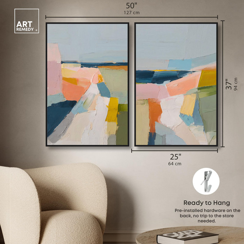 Pastel Fields Duo Canvas Print Modern Abstract Art Set by Art Remedy, Black Frame, 36 x 54, H 37 po x l 25 po, Black Frame