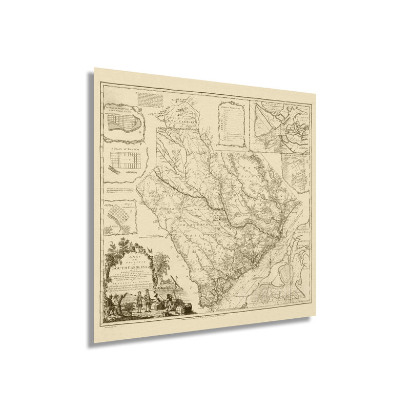 1773 South Carolina Map, art mural sur papier, H 16 po x l 16 po x P 0,1 po