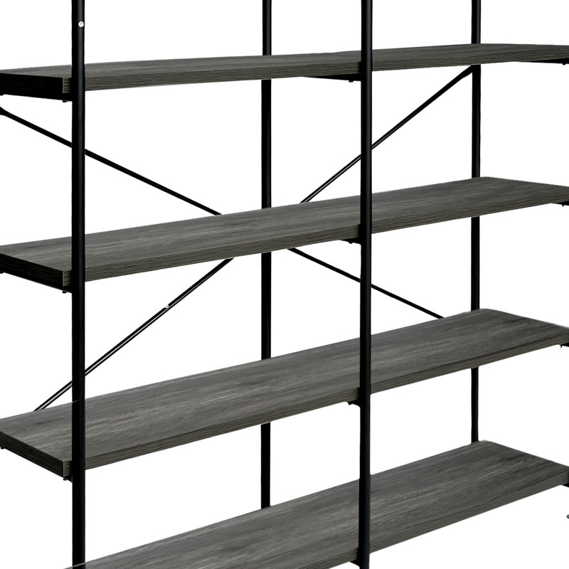 Bibliothèque industrielle 4 niveaux Lund, panneau de particules, structure en métal, gris, noir, 63" H x 60" W x 14.25" D