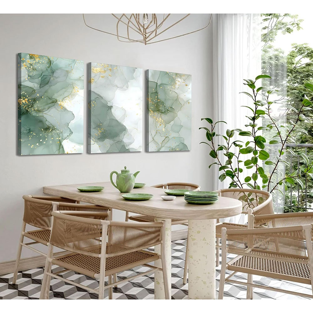 Canora Grey 3Pcs Framed Sage Green Gold Canvas Wall Art Abstrac Marble ...