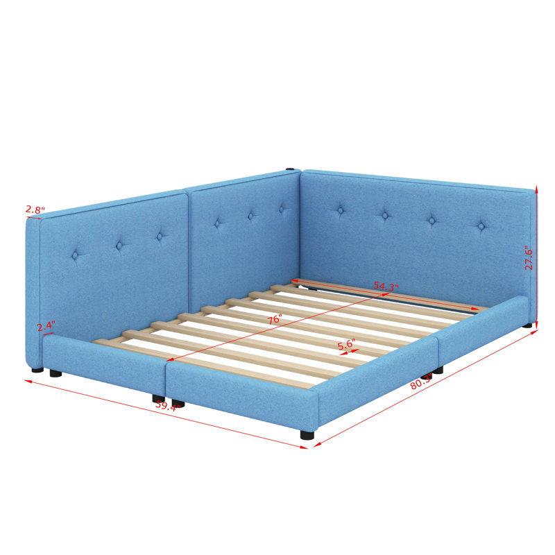 Lit plateforme double tapissier avec USB, Lit double, Bleu