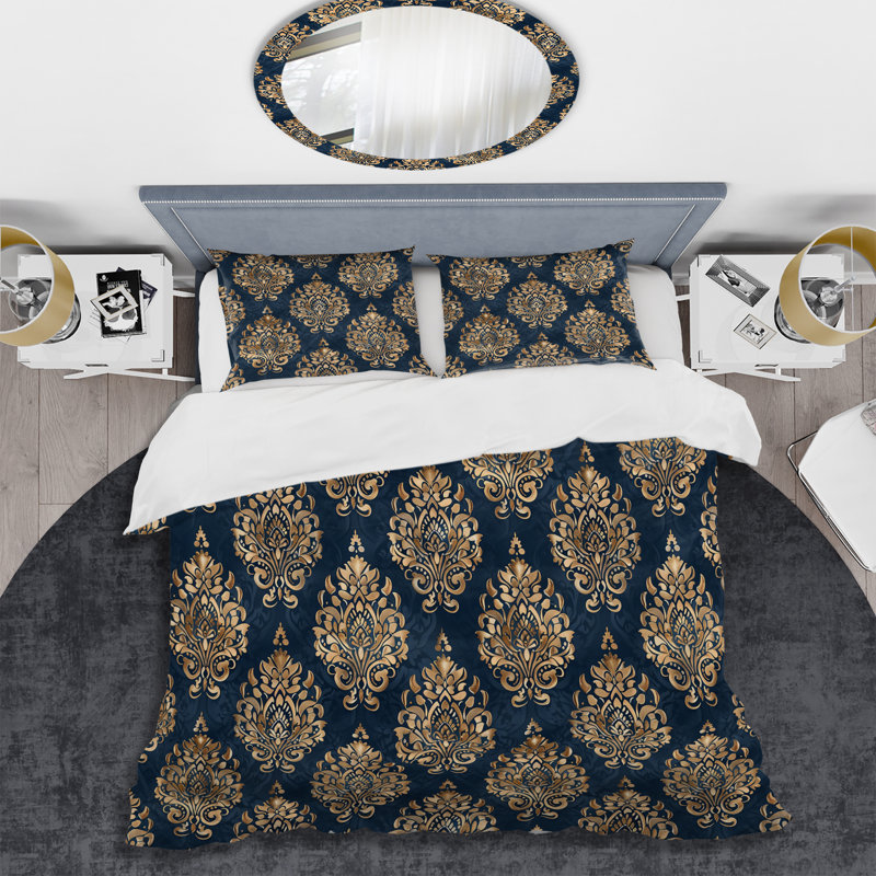Ensemble de housse de couette bleu doré damassé Glamour I - Glam, Housse de couette très grand + 2 taies décorativ