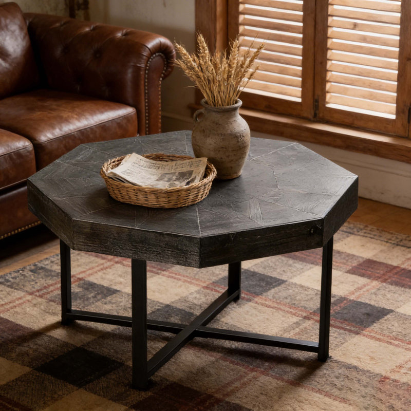 Table basse octogonale en bois avec patchwork de style campagnard 30 pouces, Noir antique