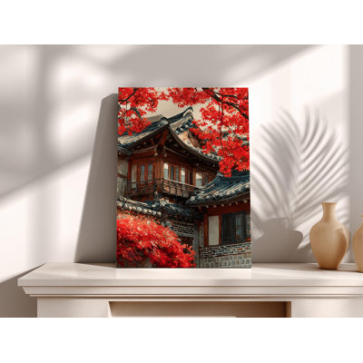 Korean House Wall Art, Autumn in Korea Canvas - Traditional Hanok Painting with Red Maple Leaves, Serene Asian Architecture Home Decor