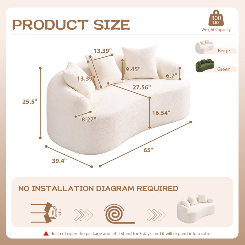 Boneless 65" Curved Small Loveseat Sofa,Cozy Chenille Upholstered Couch with 3 Pillows,Modern Deep Seat Cloud Couch Memory Foam Compression Sofa,for Living Room Apartment Office,No Assembly Needed