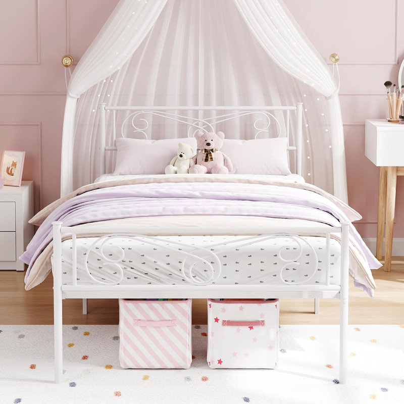 Twin Size Bed Frames with Headboard and Footboard, Metal Bed Frame for Kids, 12.2 in Under Bed Storage, Steel Slats Support, No Box Spring Needed, White