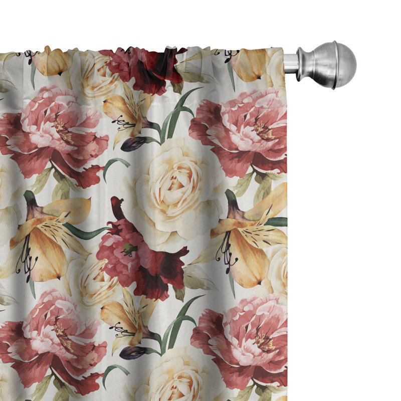 Rideaux 4 panneaux East Urban Home Garden, aquarelle roses pivoines séchées rose crème rubis 8802