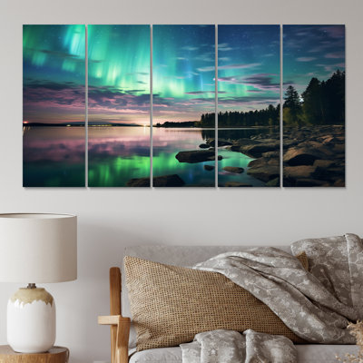 Magical Lake Landscape Aurora Borealis II - décoration murale aurores boréales - 5 panneaux égaux