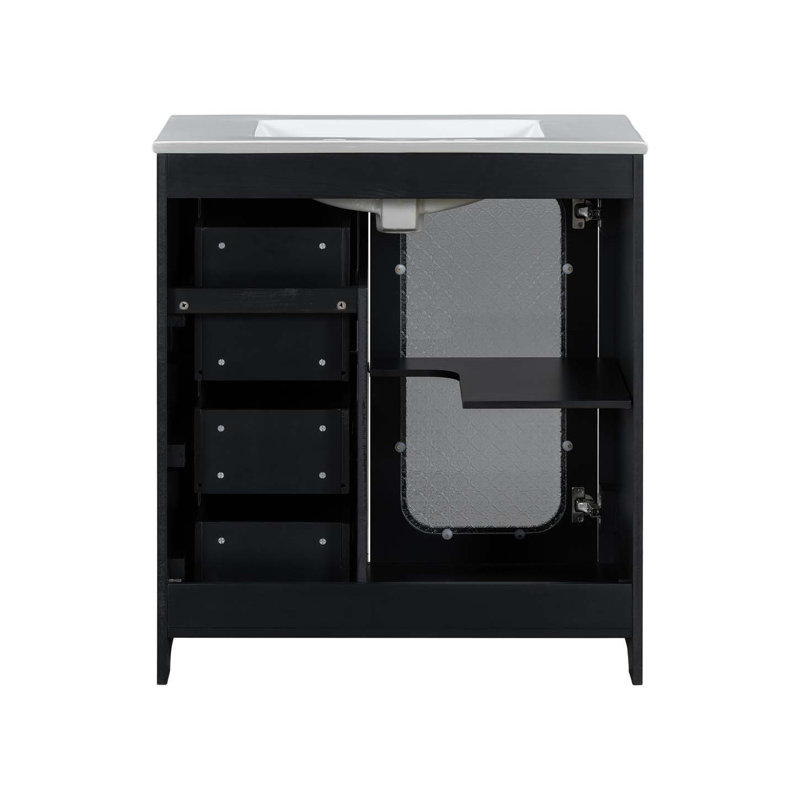 Meuble-lavabo de salle de bain avec porte en verre à fermeture en douceur, tablettes réglables et trois tiroirs, armoire d'appoint, armoire de rangement