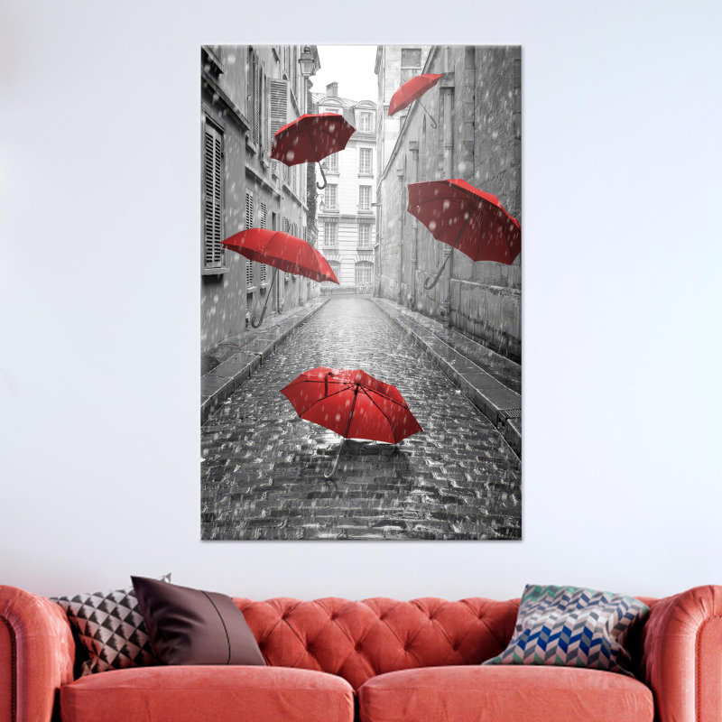 Reproduction d'art sur toile imprimée: Parasols rouges élégants dans un paysage urbain, toiles à cadre doré 1P