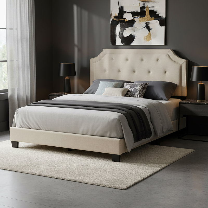 Upholstered Standard Bed, Beige Polyester