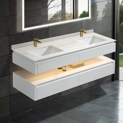 Solid wood 60'' Modern Wall Mounted Double Bathroom Vanity with Engineered Marble Top and Light