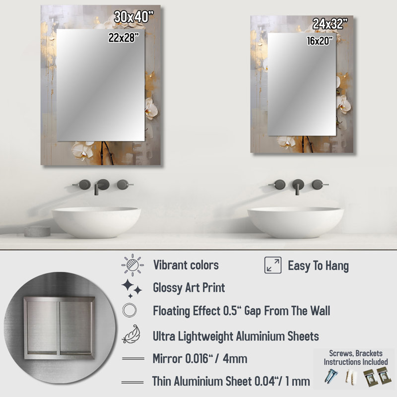 Minimalism Beige And Gold Orchids IV - Orchid Decorative Mirror, Traditional Large Wall Mirror, Printed Metal Art, 40" x 30"