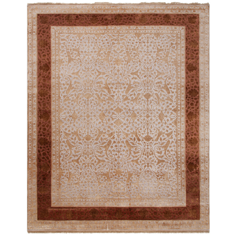 Ivory and Cinnamon Hand-Knotted Wool Silk Rug, 6' x 9'