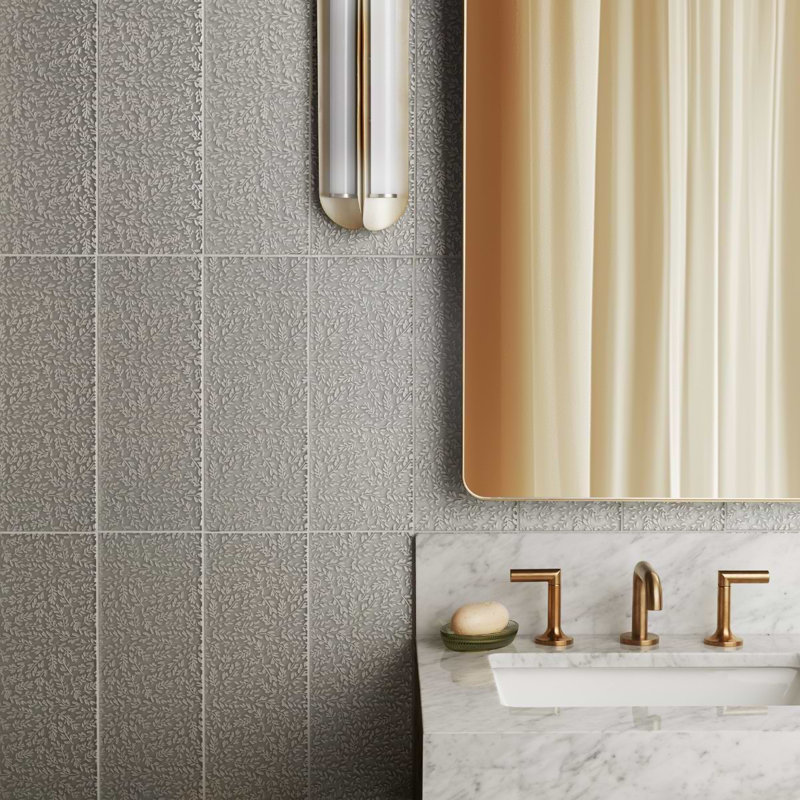 Sonya Flowers 6x16 Frosted Glass Tile, Pearl White