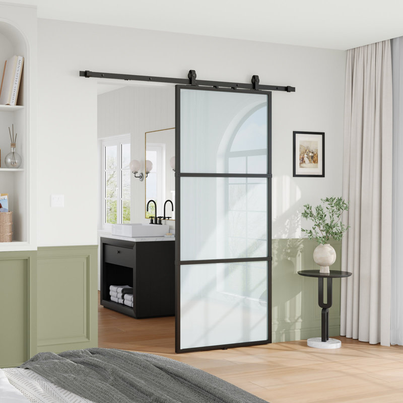 Black Aluminum and Frosted Glass Sliding Barn Door with Installation Kit