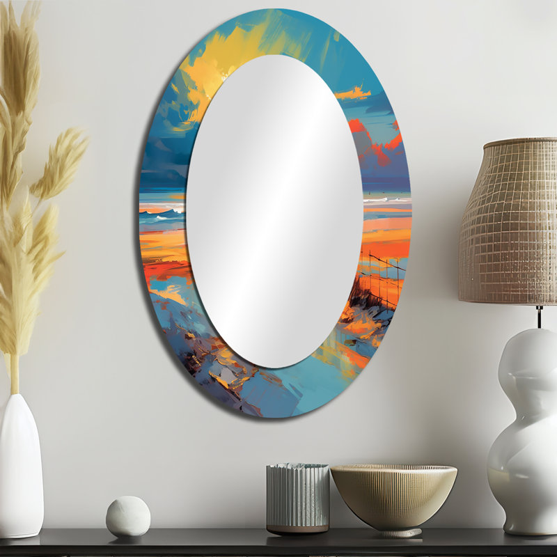 Plage, chemin menant à l'océan, peinture III - miroir mural ovale bleu côtier, 36 po x 24 po