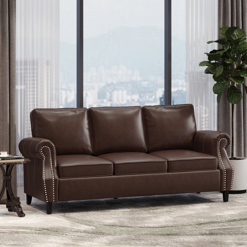 Futon 3 places en similicuir, design contemporain, détails cloutés, canapé 3 places en bouleau, style,, Marron foncé