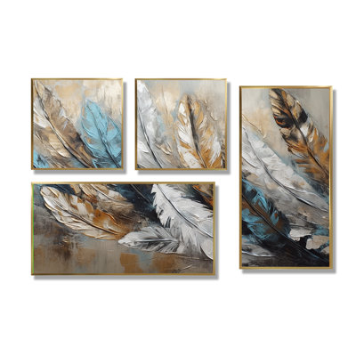 Plume dorée d'extravagance II - art mural moderne doré 4 pièces