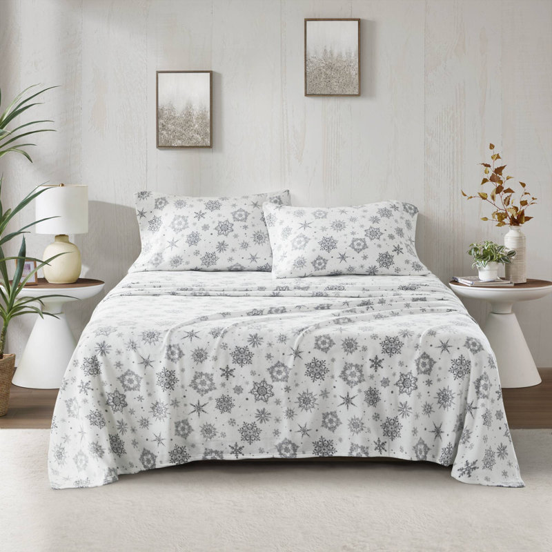 Micro Fleece Sheet Set, Twin Sheet Set with 1 Pillowcase, Gray Snowflake