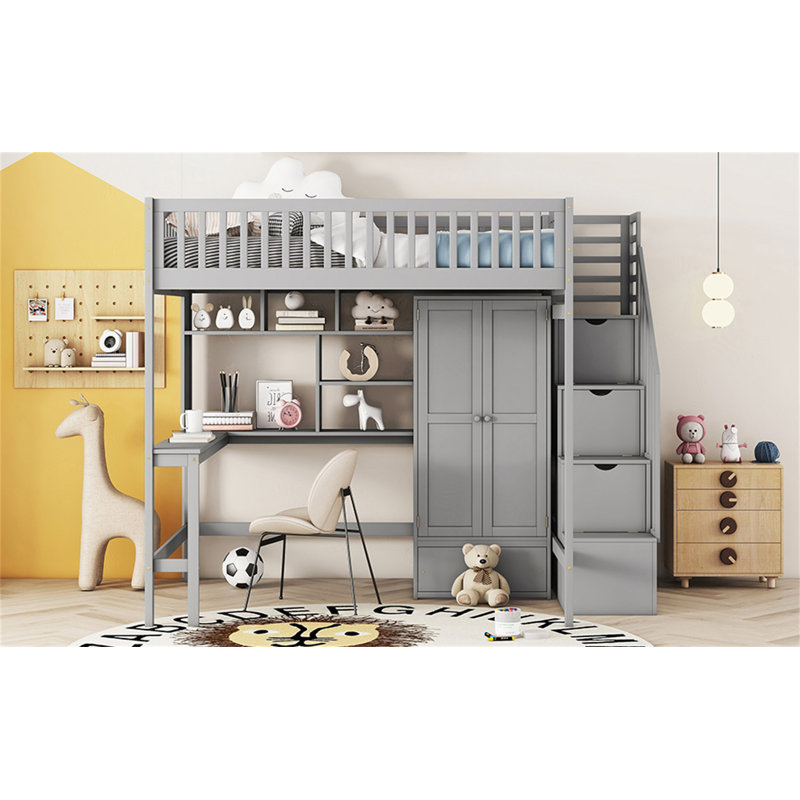 Lit mezzanine double avec bibliothèque, tiroirs, bureau et garde-robe pour une utilisation maximale et polyvalente, Gris