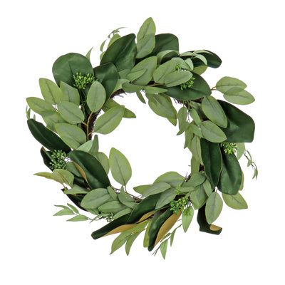 22 inch Artificial Spring Wreath with Eucalyptus Leaves, Magnolia Blooms, Flowing Green Stems, Realistic Decoration for Front Door or Indoor Décor