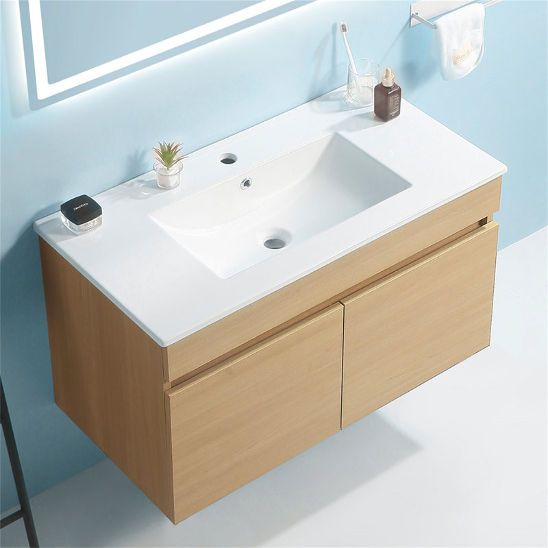 Meuble-lavabo mural 36 po avec lavabo en céramique blanc, deux portes d'armoire à fermeture douce, bois massif, sans les robinets