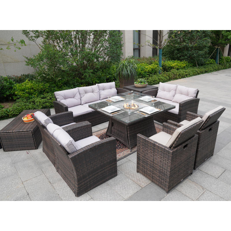 Wicker/Rattan 8 - Person Seating Group With Mixed Beige & Gray Cushions