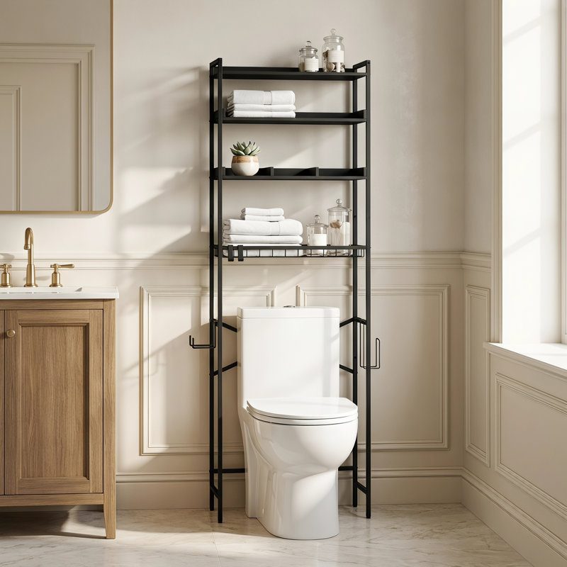 Rangement à 4 niveaux pour toilette en métal et bois, Noir