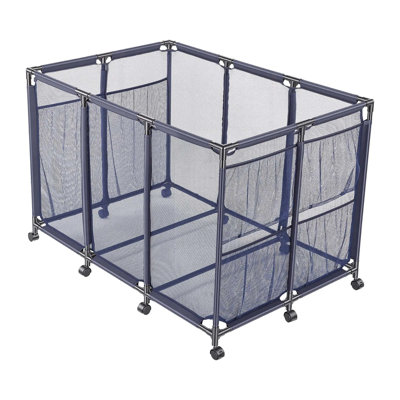 Bac roulant de rangement pour piscine, L 48,8 po x l 32,7 po x H 32,7 po, structure en métal robuste et filet de polyester, 1 pièce, organisateur de jouets de piscine, bleu / noir, roulettes verrouillables avec poches latérales