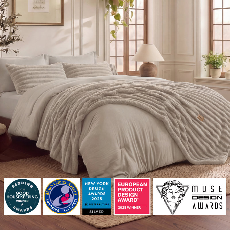 Bedsure Oversized Queen 2-in-1 Comforter Set with Detachable Fluffy Blanket – White SnapTech Design Bed-in-a-bag, All-Season Bedding Set(Set of 6)