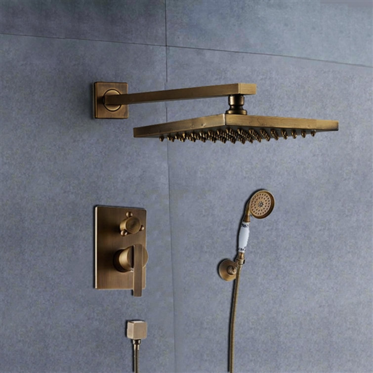 BathSelect Ancient Square Antique Brass 8” Rainfall Wall Shower Head with Handheld 