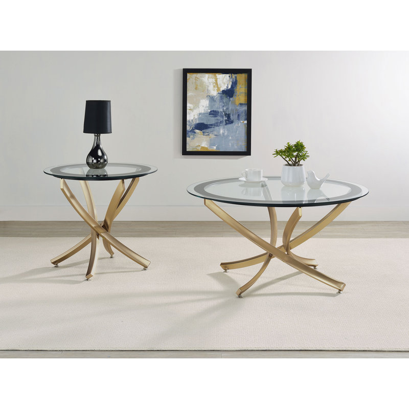 Cherline Round Glass Top Coffee Table Set, Gold, 2 Pieces: End Table, Coffee Table