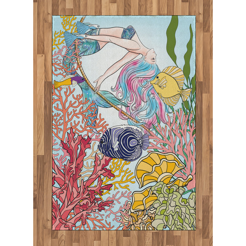 Mermaid High Density Long Fiber Poly Threads Decorative Area Rug Carpet, Rectangle 4' x 5'8"