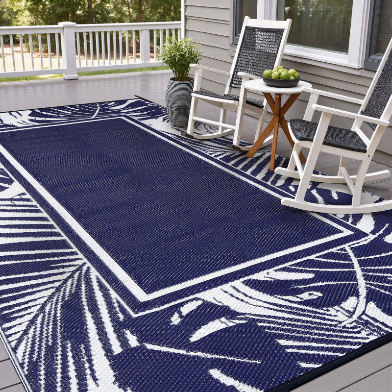 Geometric Border Reversible Outdoor Ellie In Navy Blue, Rectangle 5' x 8'