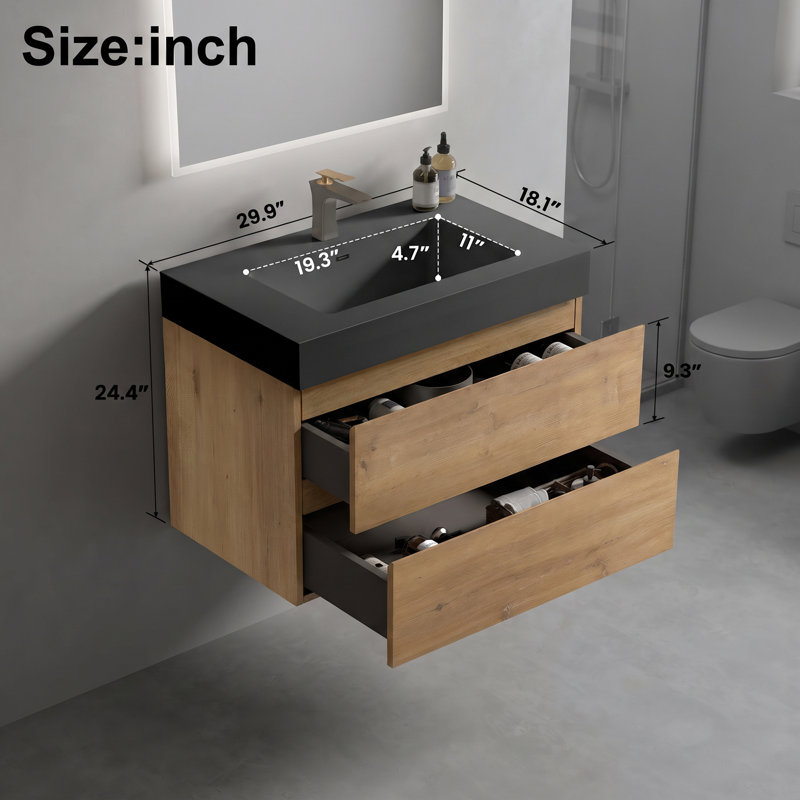 Wall Mounted Single Vanity Bathroom Vanity With Solid Surface Top, Chêne